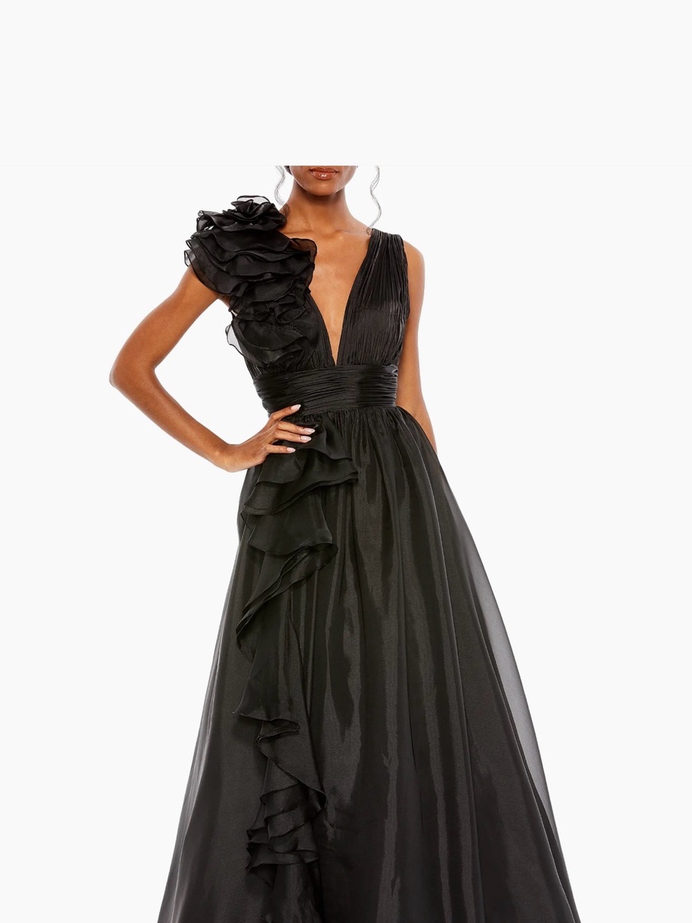 Mac Duggal Black One-Shoulder Ruffle V-Neck Gown